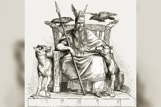 Odin in a wide-brimmed hat, accompanied by his ravens Huginn and Muninn, 19th-century romantic illustration