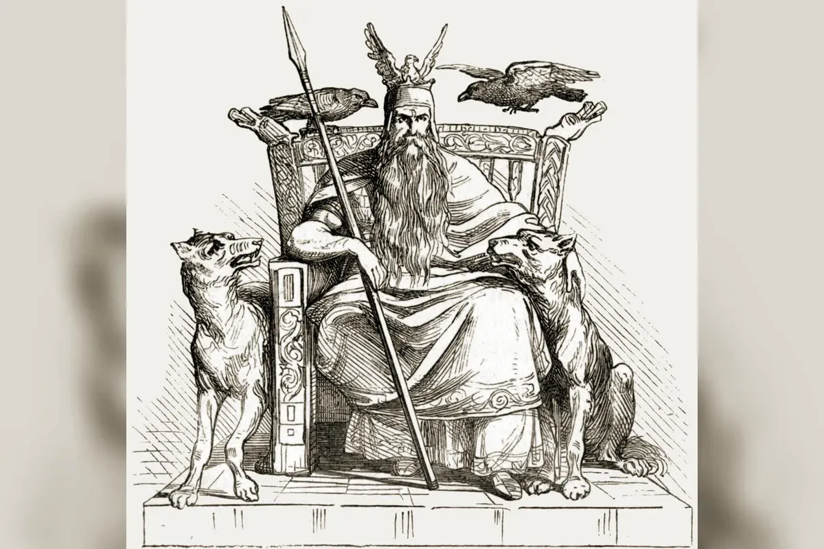Odin au chapeau à large bord, accompagné de ses deux corbeaux Hugin et Munin, représentation romantique du XIXe siècle