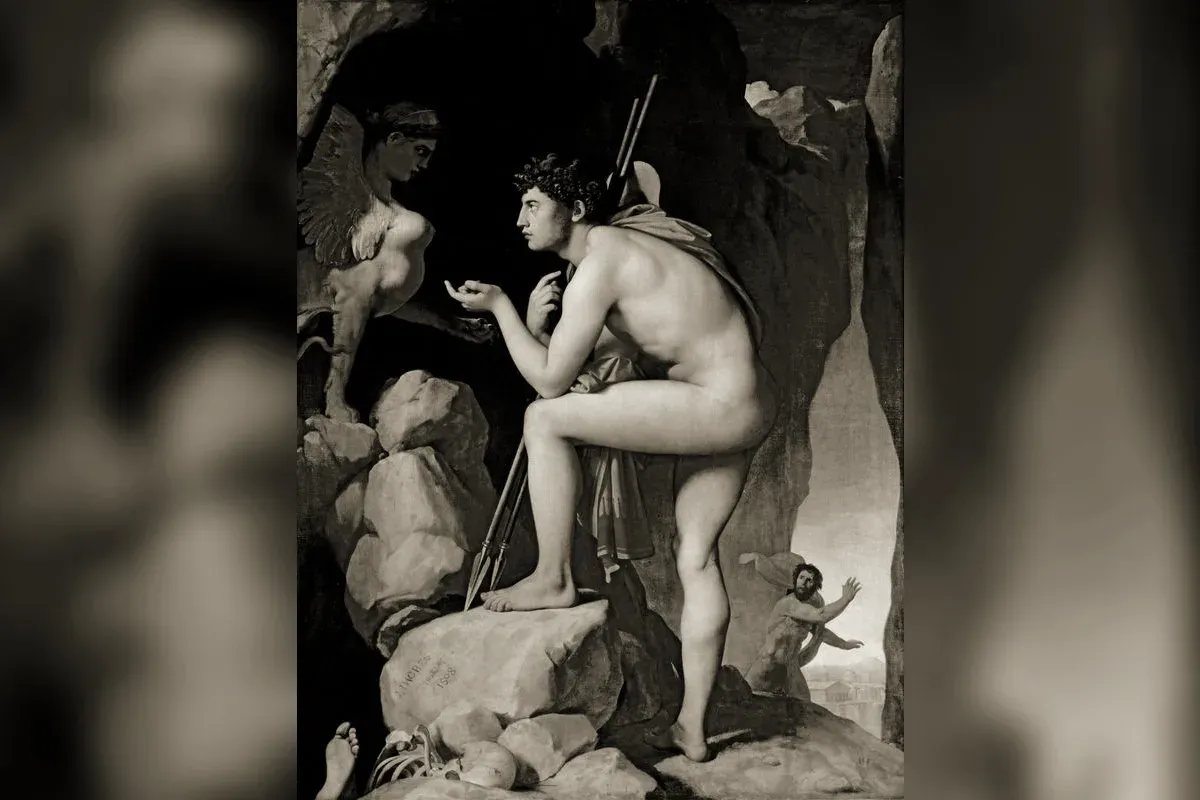 Oedipus facing the Sphinx, questioned on the riddle that decides Thebes's fate