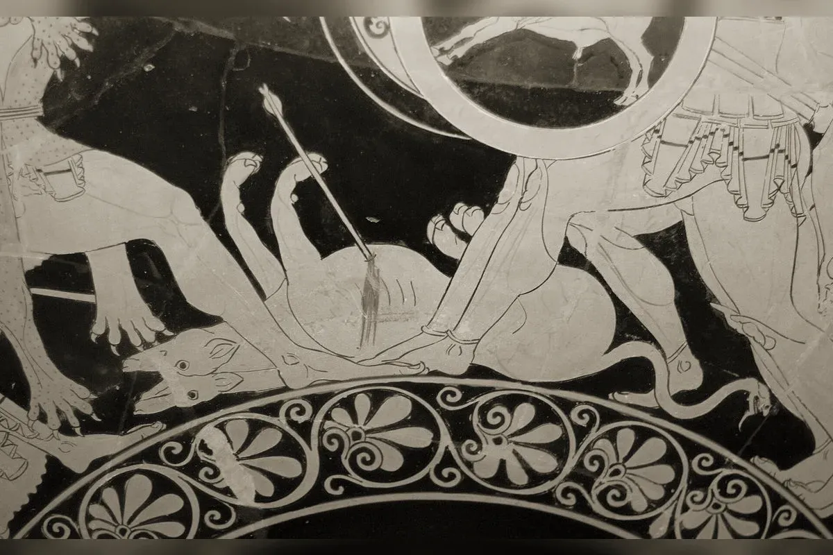 Orthrus, the two-headed dog, lying dead with an arrow in its body at the feet of Heracles and Geryon, Attic red-figure cup painted by Euphronios (c. 510 BC)