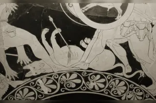Orthrus, the two-headed dog, lying dead with an arrow in its body at the feet of Heracles and Geryon, Attic red-figure cup painted by Euphronios (c. 510 BC)