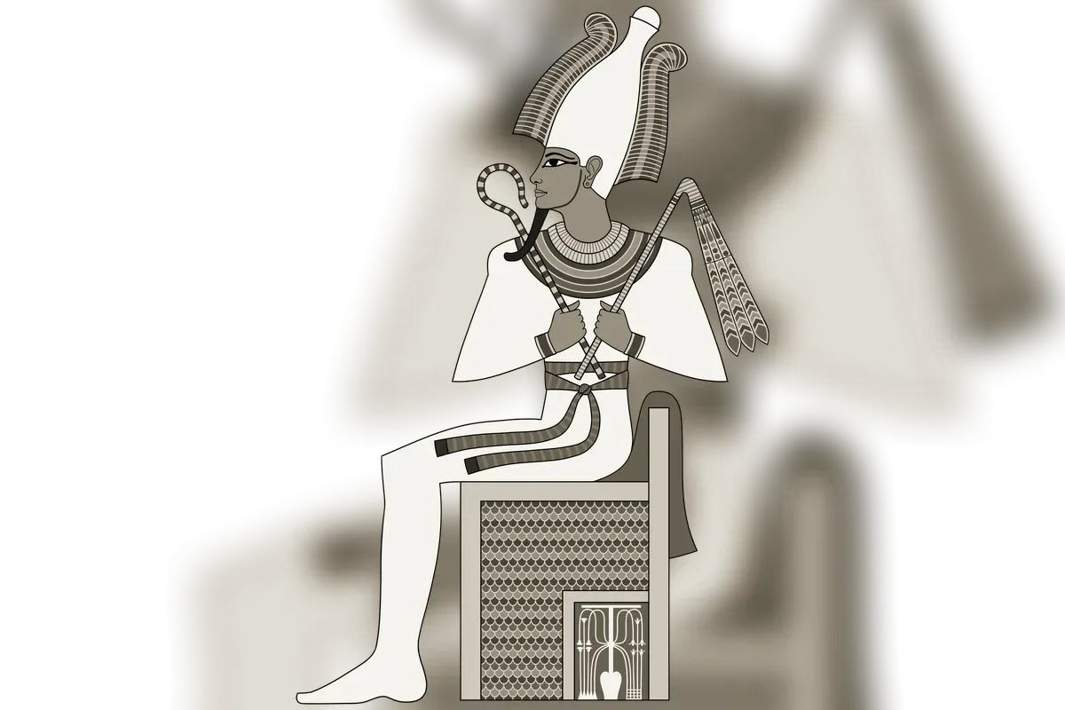 Osiris momifié tenant le sceptre-héqa et le flagellum, coiffé de la couronne Atef