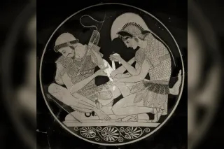 Patroclus in the armour of Achilles, spear in hand, before the Greek ships