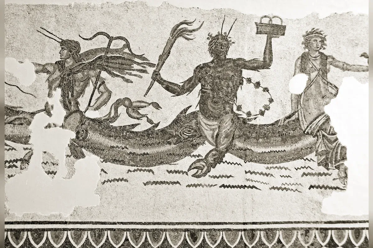 Phorkys parmi les créatures marines, mosaïque romaine du musée du Bardo