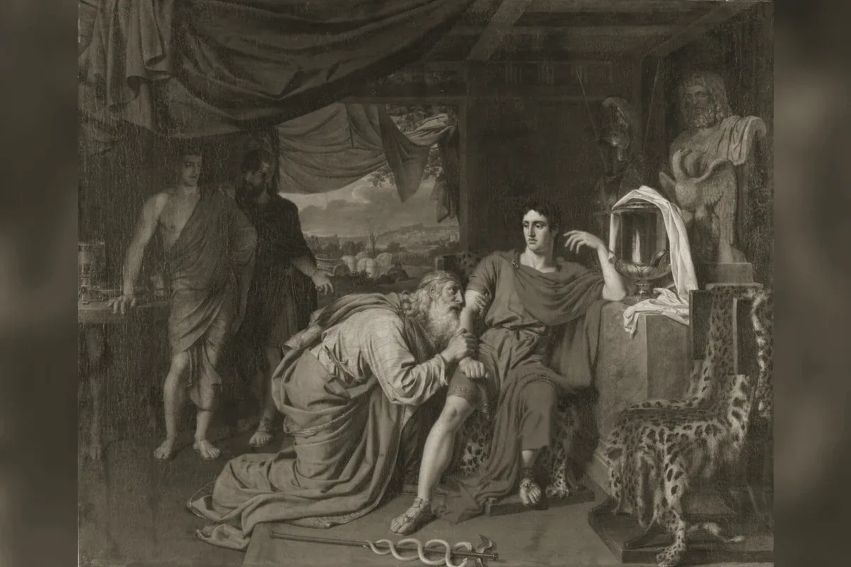 Priam kneeling before Achilles to beg for Hector's body, painting by Alexander Ivanov