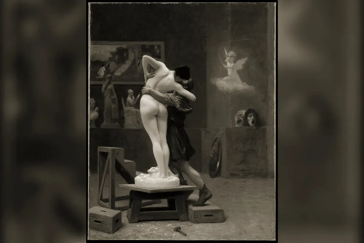 Pygmalion embracing Galatea as her marble body comes to life under Eros's gaze, painting by Jean-Léon Gérôme (c. 1890)