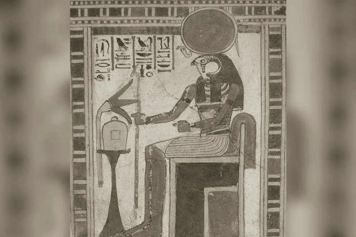 Ra-Horakhty, Egyptian sun god depicted with a falcon head and solar disk