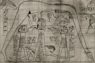 Atoum et l'Ennéade d'Héliopolis émergeant du Noun primordial, art égyptien