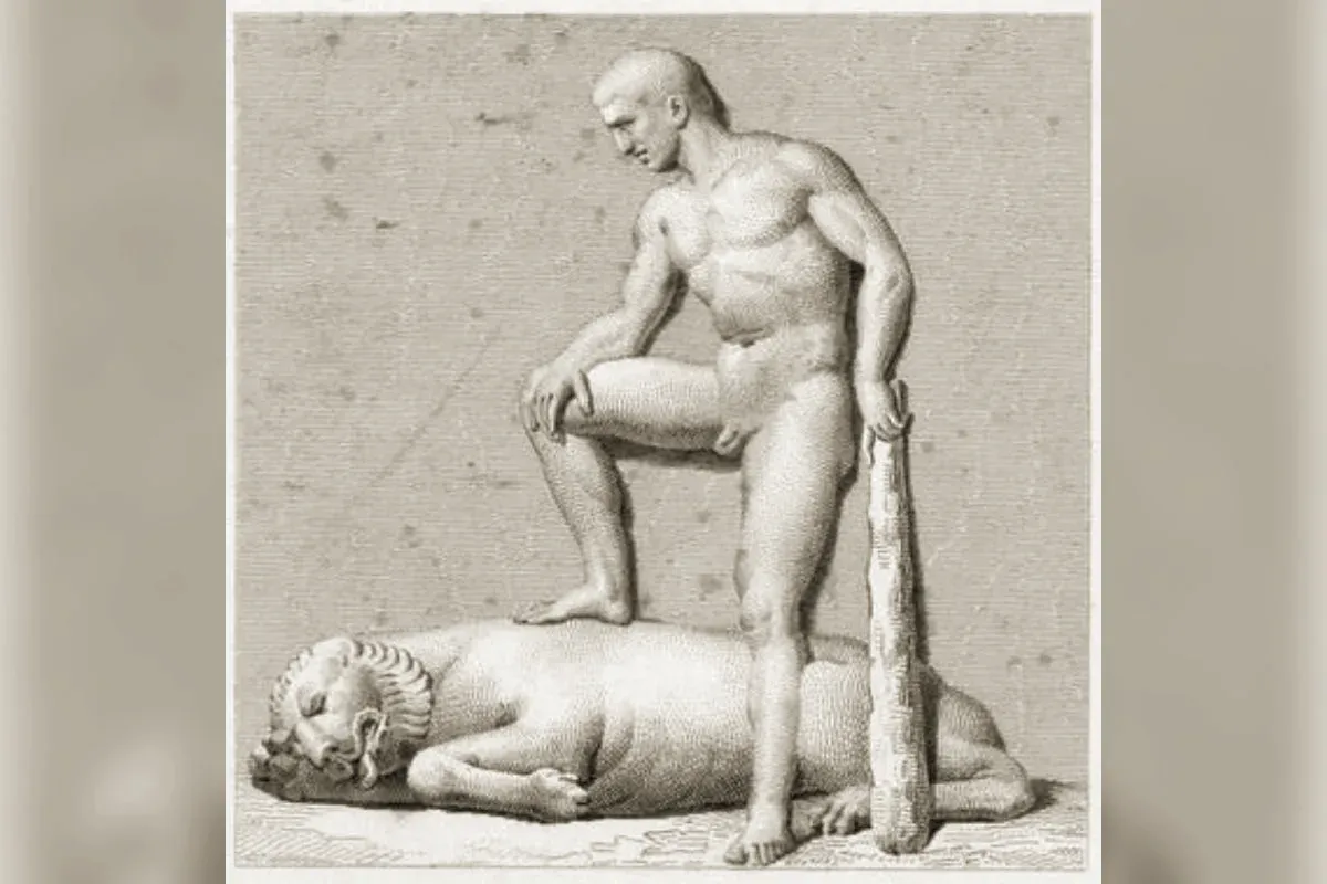 Héraclès au-dessus du lion de Némée abattu, gravure d'après la métope du temple de Zeus à Olympie