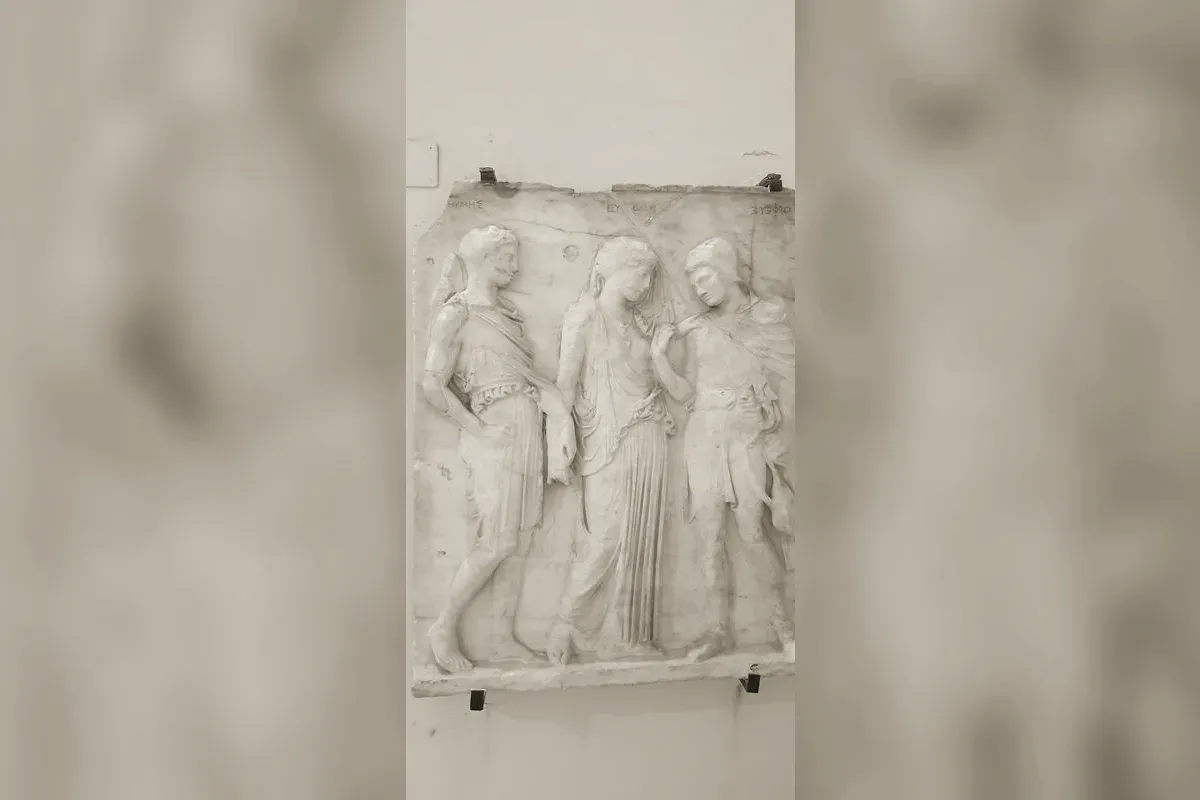 Hermès, Eurydice et Orphée, relief antique de la séparation des amants