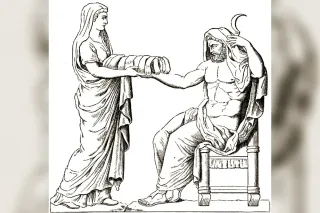 Rhéa présentant à Cronos la pierre emmaillotée à la place de Zeus, dessin d'après le bas-relief d'un autel romain
