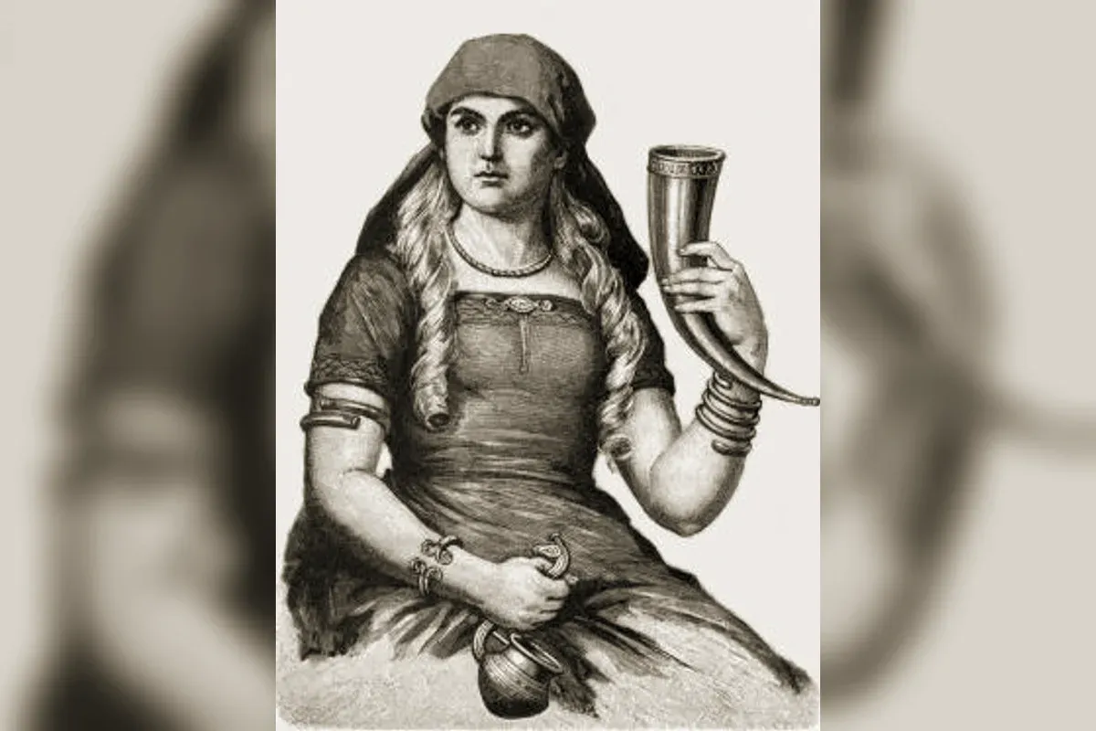 Sif seated with her long braided hair, holding a drinking horn, 19th-century engraving