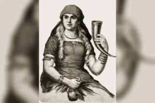 Sif seated with her long braided hair, holding a drinking horn, 19th-century engraving