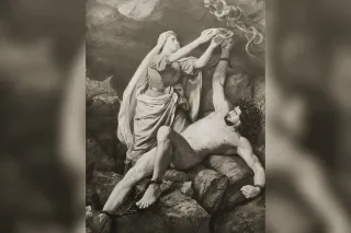 Sigyn holding a bowl up to catch the serpent's venom above Loki bound to the rock, painting by Mårten Eskil Winge (1863), black-and-white reproduction