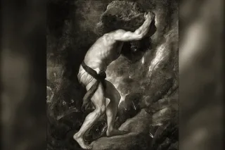 Sisyphe poussant son rocher au flanc d'une colline, punition éternelle du Tartare, peinture classique
