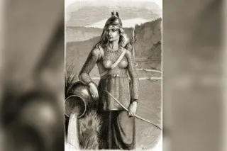 Skadi as a huntress with bow and quiver against a mountain landscape, 19th-century engraving