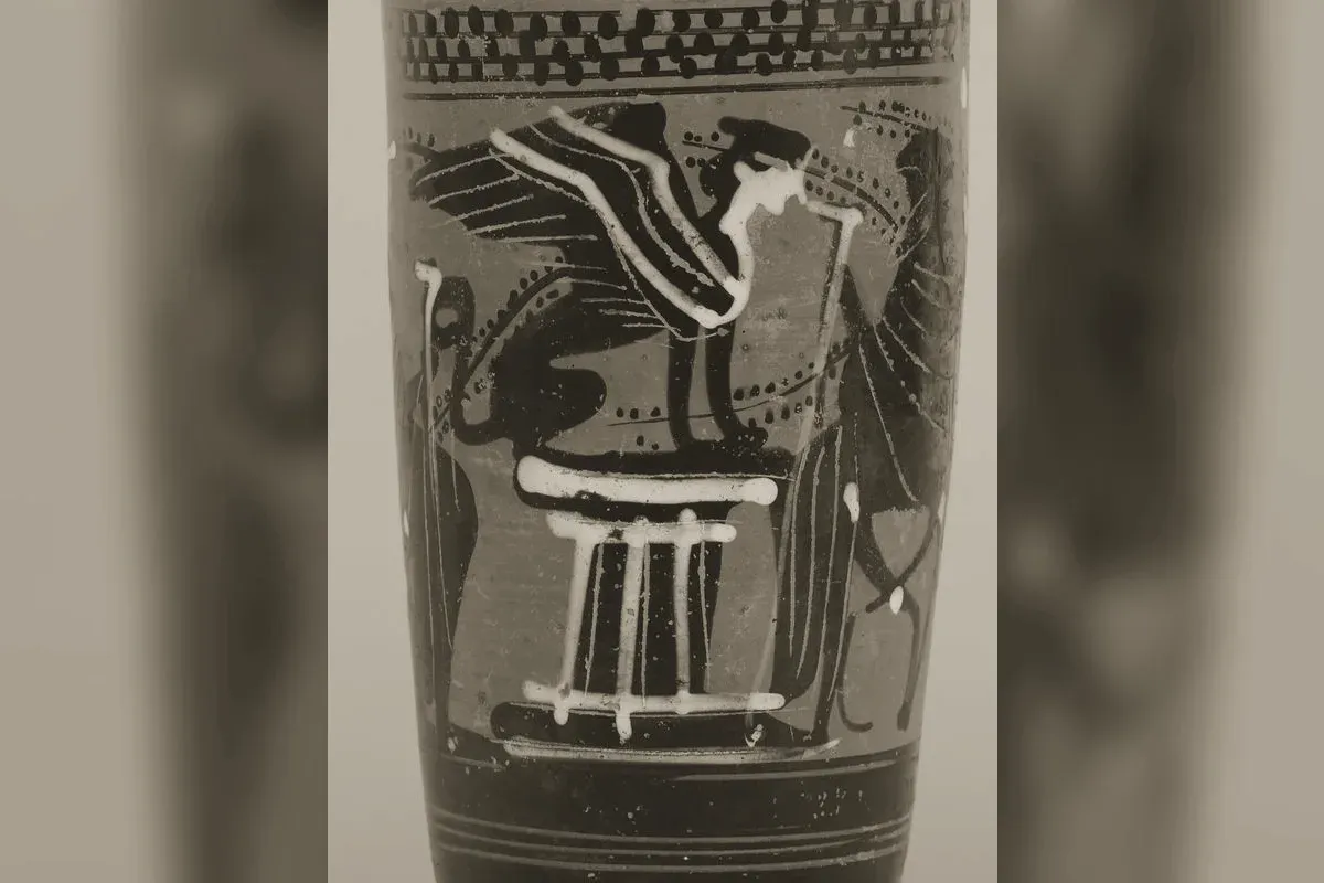 The Sphinx of Thebes, a creature with a woman's head, lioness body, and eagle wings, ancient Greek vase painting