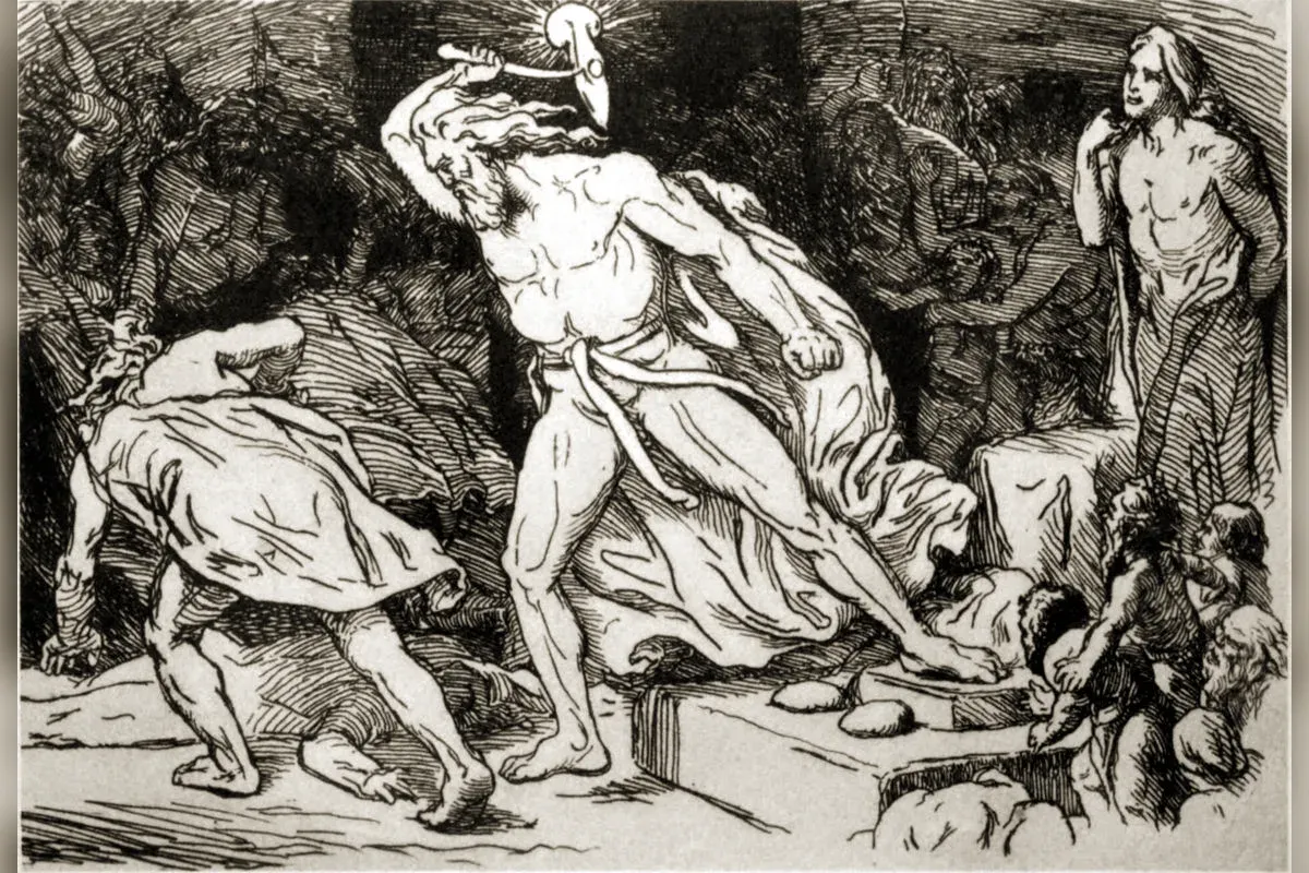 Thor déguisé en mariée sous un voile, le marteau Mjöllnir posé sur ses genoux lors du banquet de Þrym