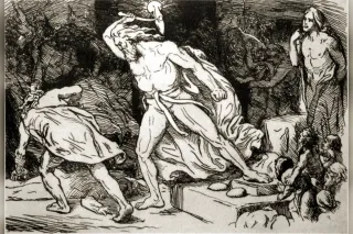 Thor disguised as a bride under a veil, the hammer Mjolnir resting on his lap at Thrym's banquet