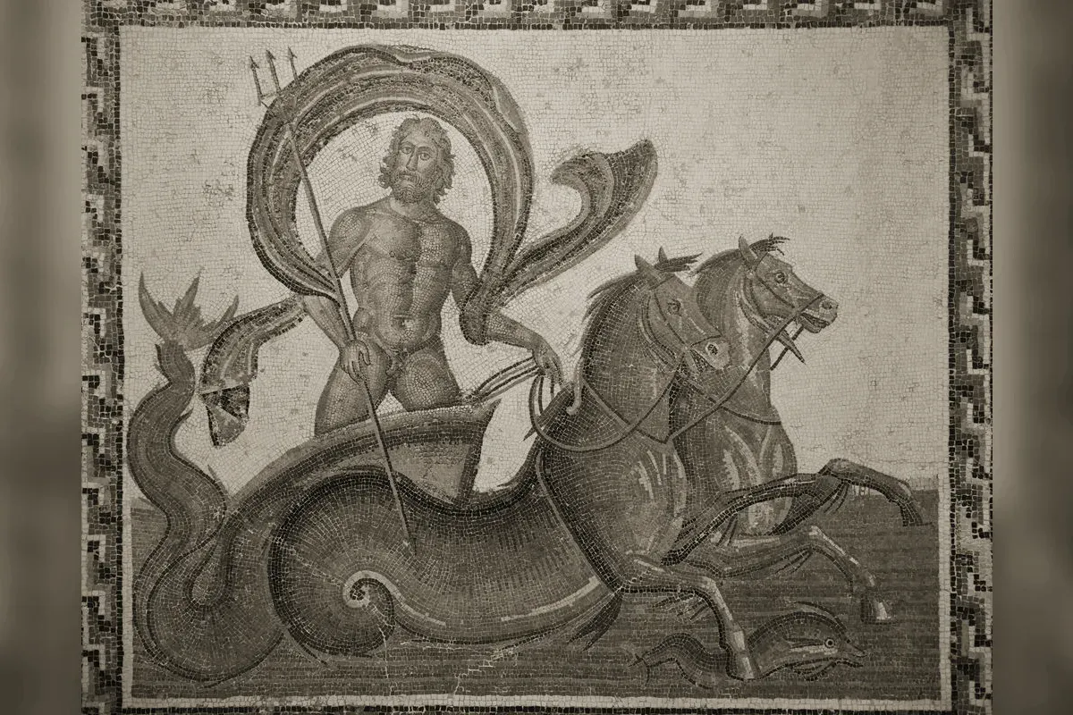 Poséidon-Neptune brandissant son trident sur un char tiré par deux hippocampes — mosaïque romaine d'Hadrumète, milieu du IIIe siècle apr. J.-C.