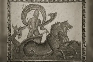 Poséidon-Neptune brandissant son trident sur un char tiré par deux hippocampes — mosaïque romaine d'Hadrumète, milieu du IIIe siècle apr. J.-C.