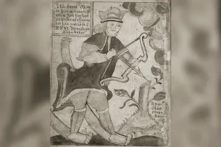 Ullr on skis drawing his bow, illumination from an 18th-century Icelandic manuscript (SÁM 66)
