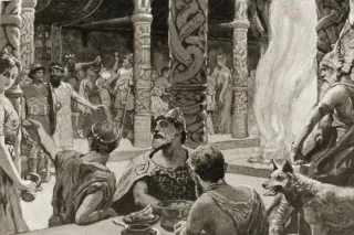 Grand hall of Asgard filled with feasting warriors, Romantic 19th-century depiction of Valhalla
