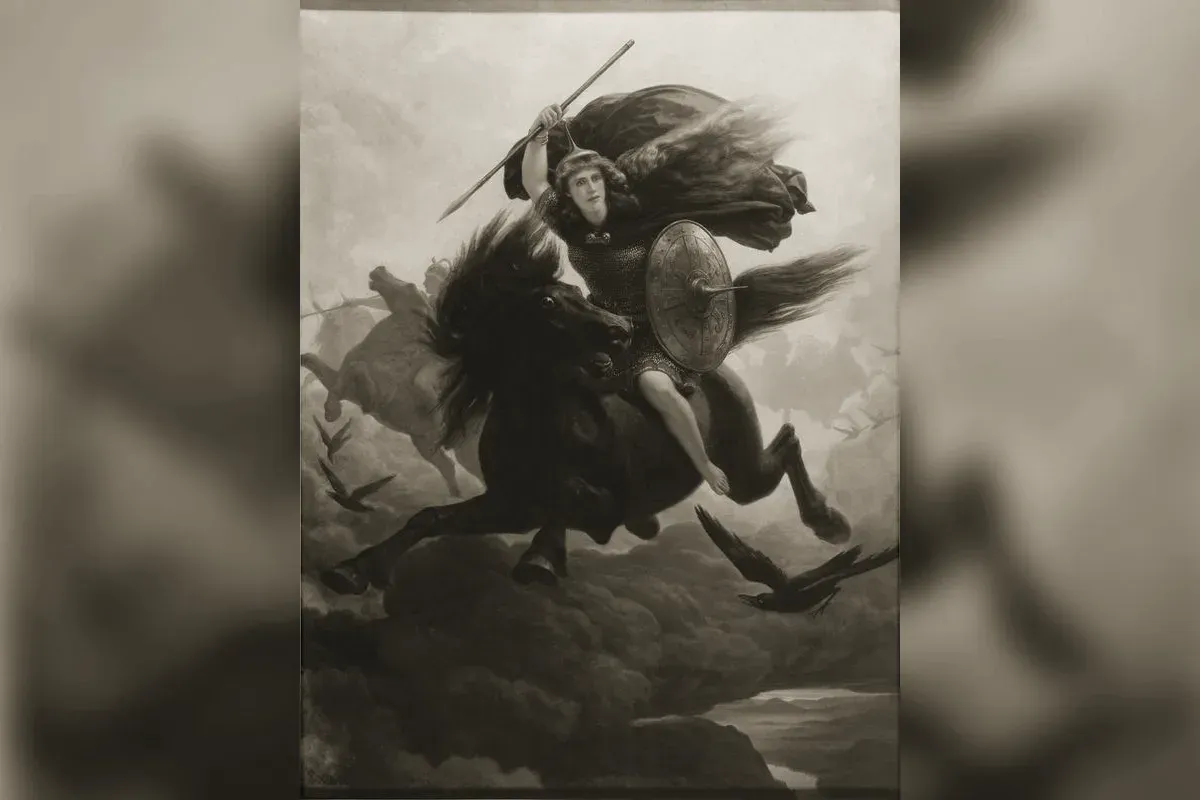 Valkyries chevauchant au-dessus d'un champ de bataille, art nordique romantique
