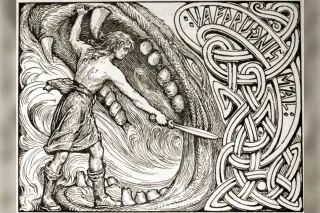 Víðarr standing in Fenrir's open jaws with his sword, illustration by W. G. Collingwood after the Gosforth Cross (1908)