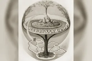 Yggdrasil the world tree with its three roots plunging into three wells, branches spanning the nine worlds