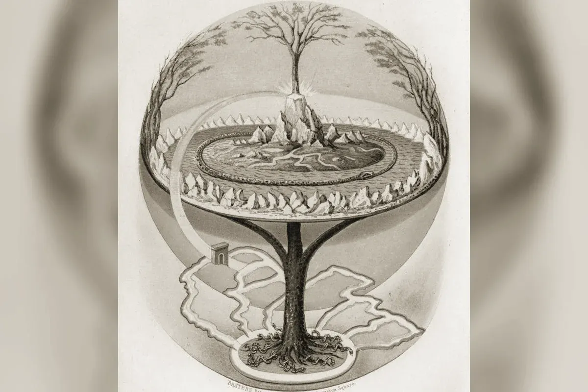 Yggdrasil the world tree with its three roots plunging into three wells, branches spanning the nine worlds